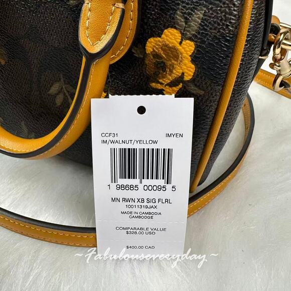 Coach Mini Rowan Crossbody Bag Sig Canvas With Floral Print CCF31 Walnut/Yellow - Picture 4 of 9